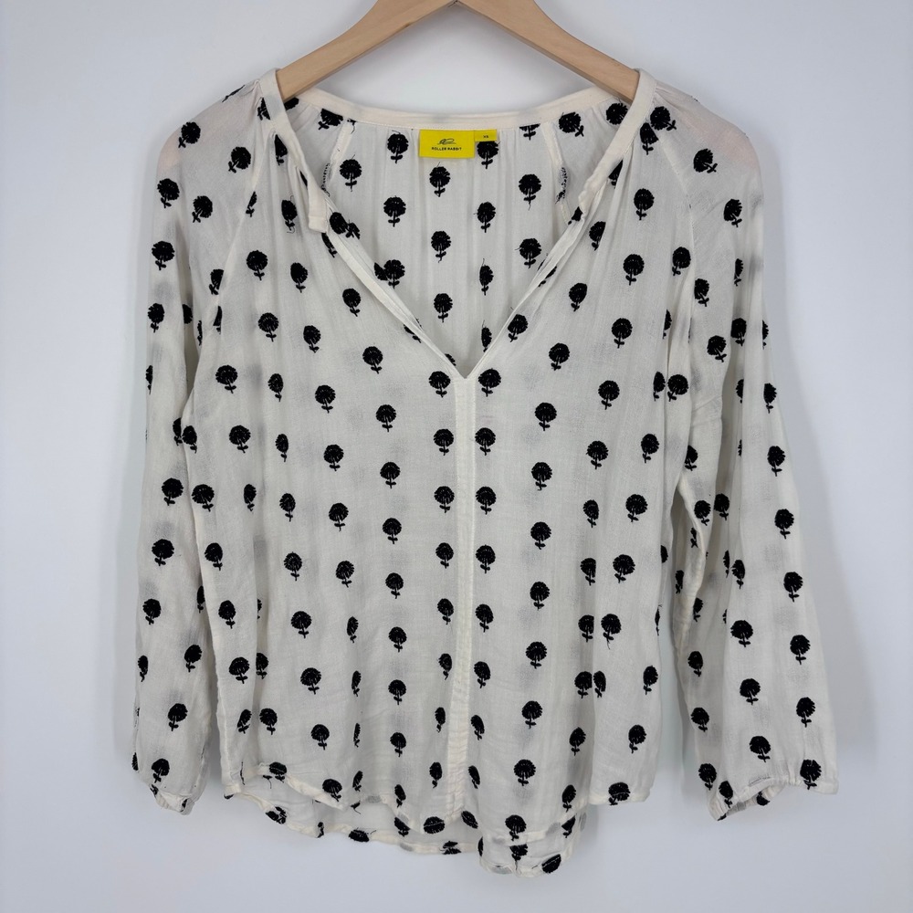 Roller Rabbit Cotton Block Print Floral Tunic Blouse White Women XS Gauze